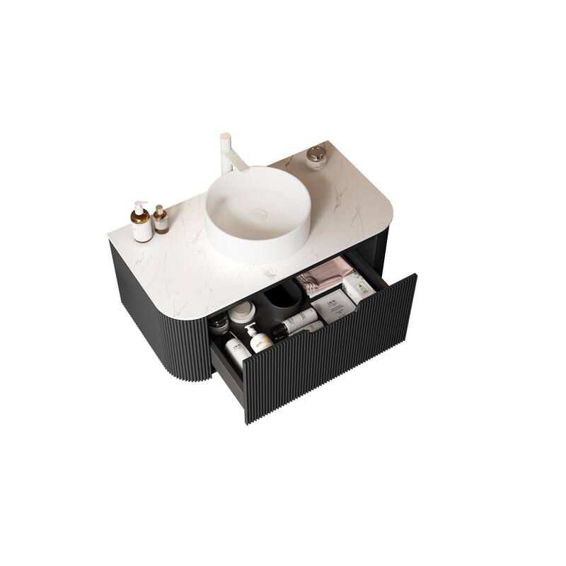 Modern Floating 36-Inch Bathroom Vanity with Round Ceramic Basin and Black 3D Striped Cabinet