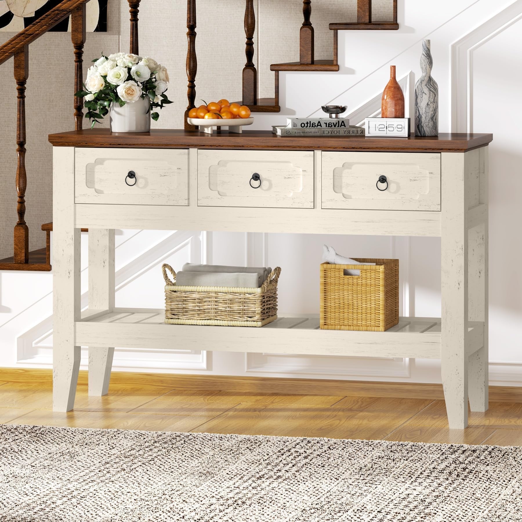 47in Long Console Table,Farmhouse Narrow Entryway Sofa Table with Drawers and Bottom Shel for Living Room Entrance Foyer