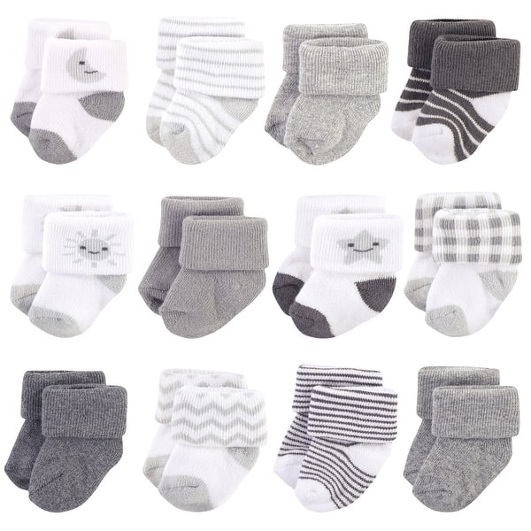 slide 1 of 1, Hudson Baby Infant Unisex Cotton Rich Newborn and Terry Socks, Moon, 0-3 Months - Moon 0-3 Months - Moon