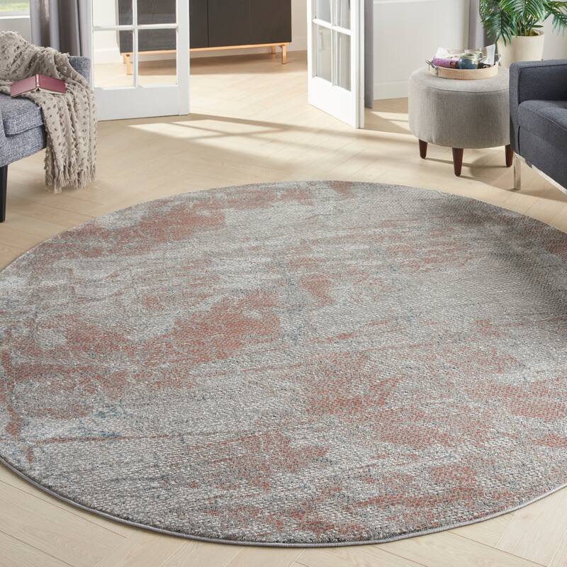Nourison Rustic Textures Abstract Contemporary Area Rug - 7'10" Round - Light Grey/Rust - Rectangle