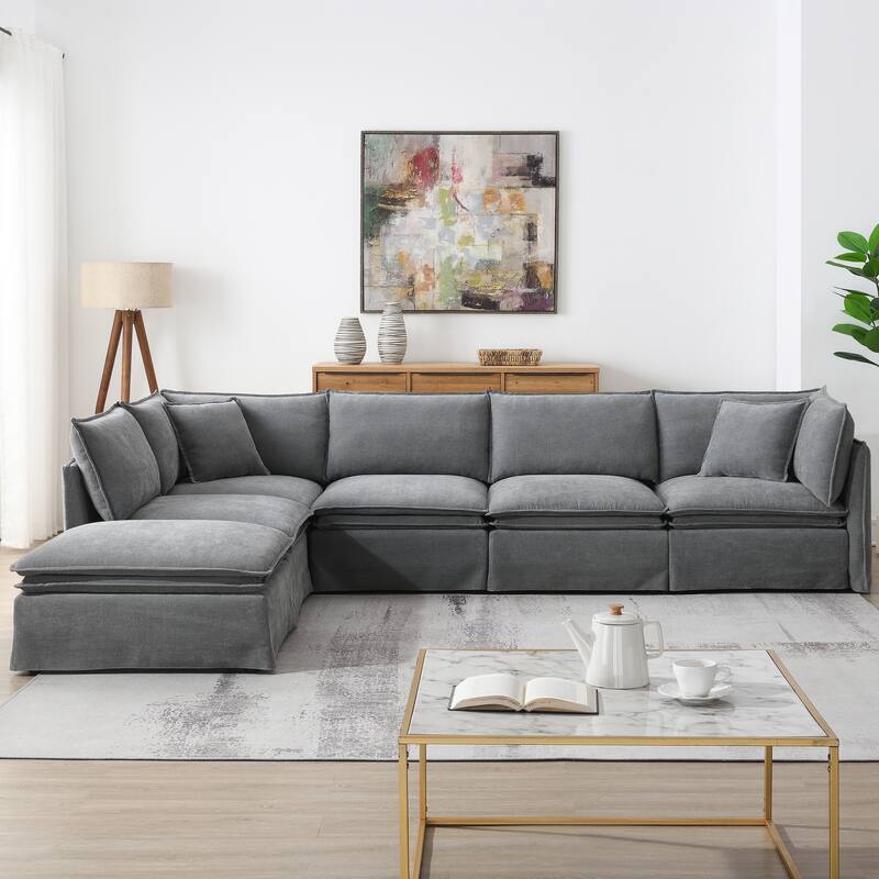 126" Modular Sectional Sofa with Movable Ottoman, 6-seat, Chenille, Light Gray
