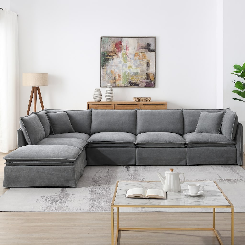 6-seat 125.5'' Modular Sectional Sofa with Movable Ottoman,Oversized Chenille Sofa for Living Room