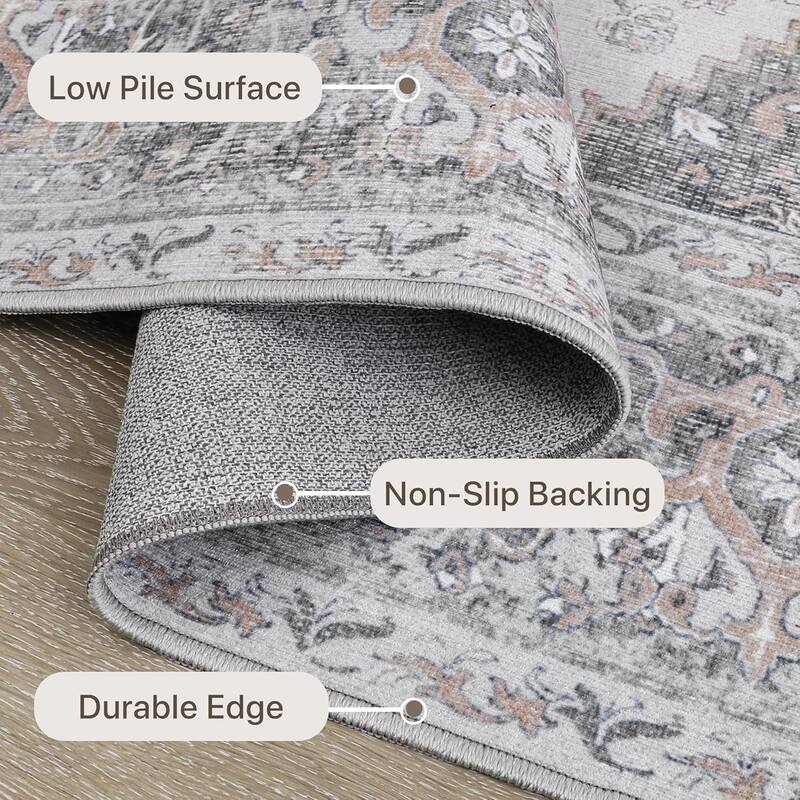 Mcow Vintage Gray Classical Pattern Ultra-Thin Low-Pile 5x7 Non-Slip Washable Area Rug - 5' x 7'