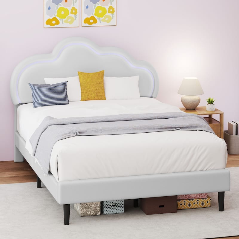 Moasis PU Adjustable Cloud Headboard Bed Frame Platform with LED - Off White - Full