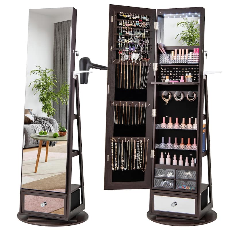 Gymax Swivel Jewelry Cabinet w/ Mirror Jewelry Storage Organizer - Brown