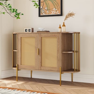 Elegant Curved Buffet Cabinet with 2 Woven Rattan Doors, Sideboard Accent Storage Cabinet with Storage Shelves & with Gold Trim
