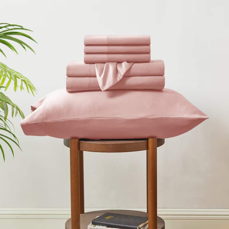 Modern Threads 6-Piece Satin Sheet Set with Deep Pocket Fitted Sheet, 4 Pillowcases, and Organizer