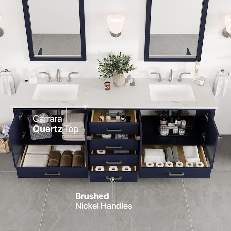 Aberdeen 72"W Blue DS Bath Vanity with Carrara Quartz Top & Undermount Sinks