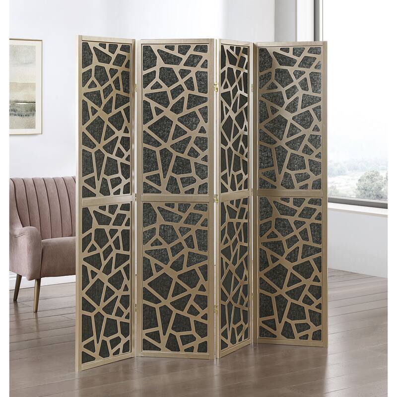Roundhill Furniture Aurra 4-Panel Wood Room Divider, Folding Portable Partition Screen - Gold