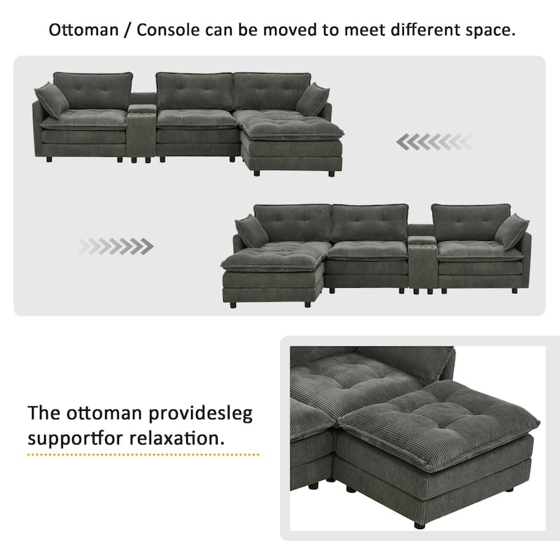119.2" L-Shaped Corduroy Sectional Sofa with Console and Ottoman