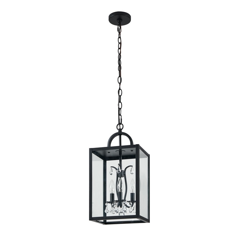 KAWOTI 3-Light Hardwired Lantern Outdoor Pendant Light with Clear Tempered Glass and Crystal Drop Accents