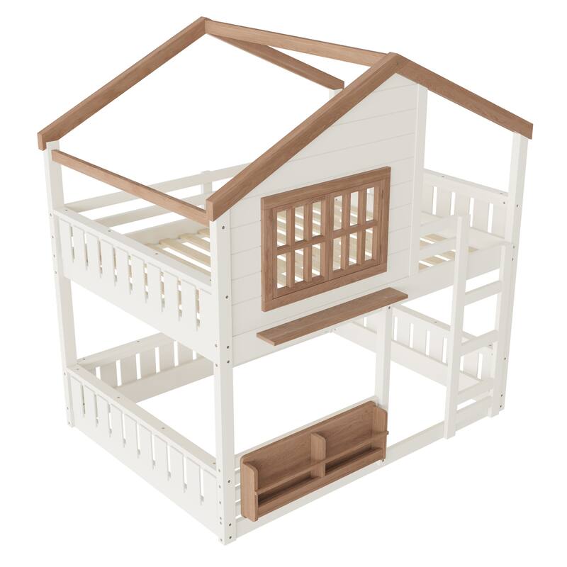 Full Size Bunk Bed/Loft Bed with Bookshelf, House Design, High-Quality Safety Fencing