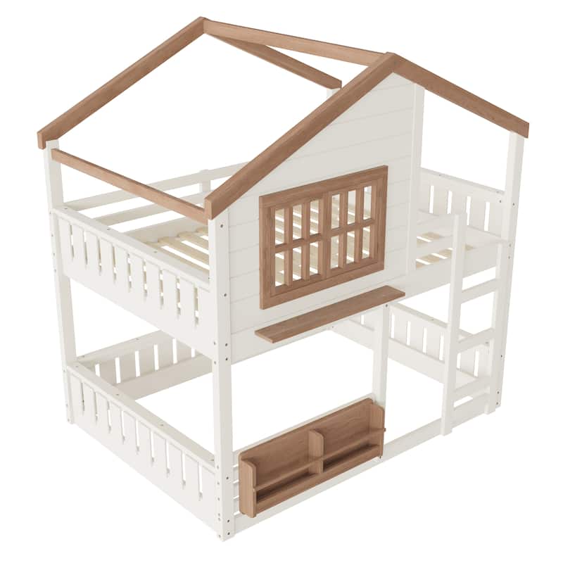 Full/Twin Bunk Bed with Bookshelf, House Design Loft Bed with Safety Fencing, High-Quality Kids Bed Frame