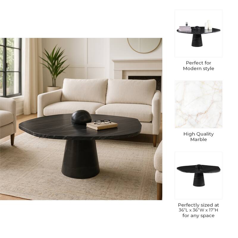 Stylish Marble Coffee Table with Sculptural Pedestal Base - 36", Black - 36.0"