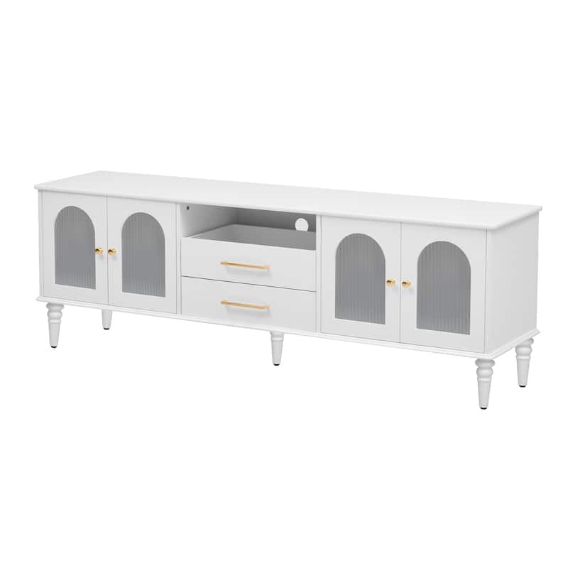 Roomfitters Retro TV Stand for up to 75 Inch TV, Entertainment Console with Fluted Glass Doors and Wood Legs, White