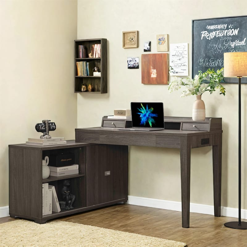 Grey L-Shaped Workstation Home Office Desk - Grey