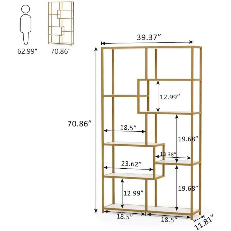 Etagere Bookcase 8 Tier Bookshelf with Gold Metal Frame and White Faux Marble Board for Home office, Living Room