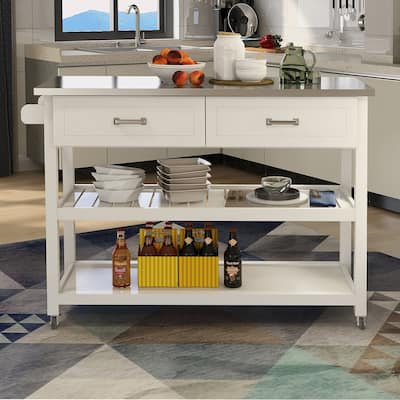 MDF Kitchen Cart with Cabinet, 1 Open Shelves, 2 Drawers and Towel Rack