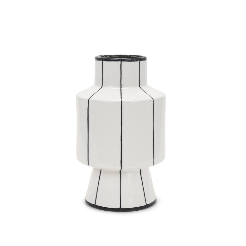 13" White And Black Striped Ceramic Cylinder Table Vase - 8.07