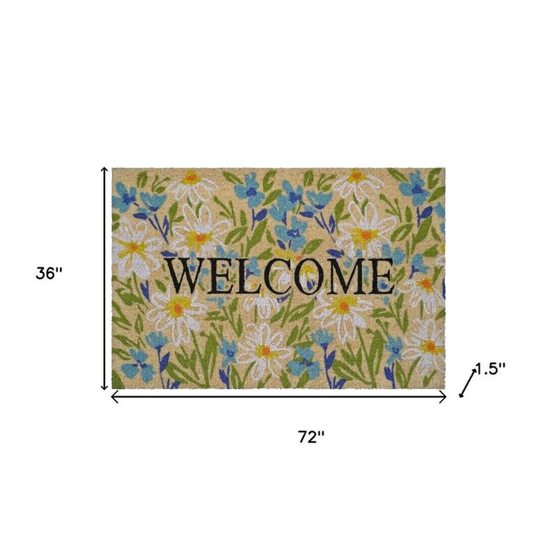 HomeRoots 36" X 72" Brown Light Blue And Green Floral Welcome Outdoor Coir Door Mat - 36.00' X '72.00