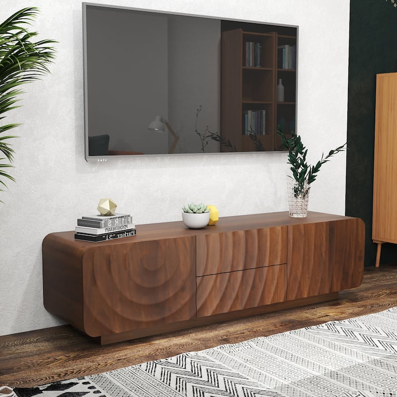58" TV Console, Modern Spiral Wave Design TV Stand with Storage Cabinet and 2 Drawers - Walnut Brown