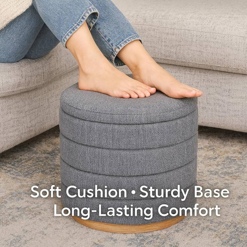 Modern Cylinder Ottoman with Hidden Storage Linen Upholstery Seat