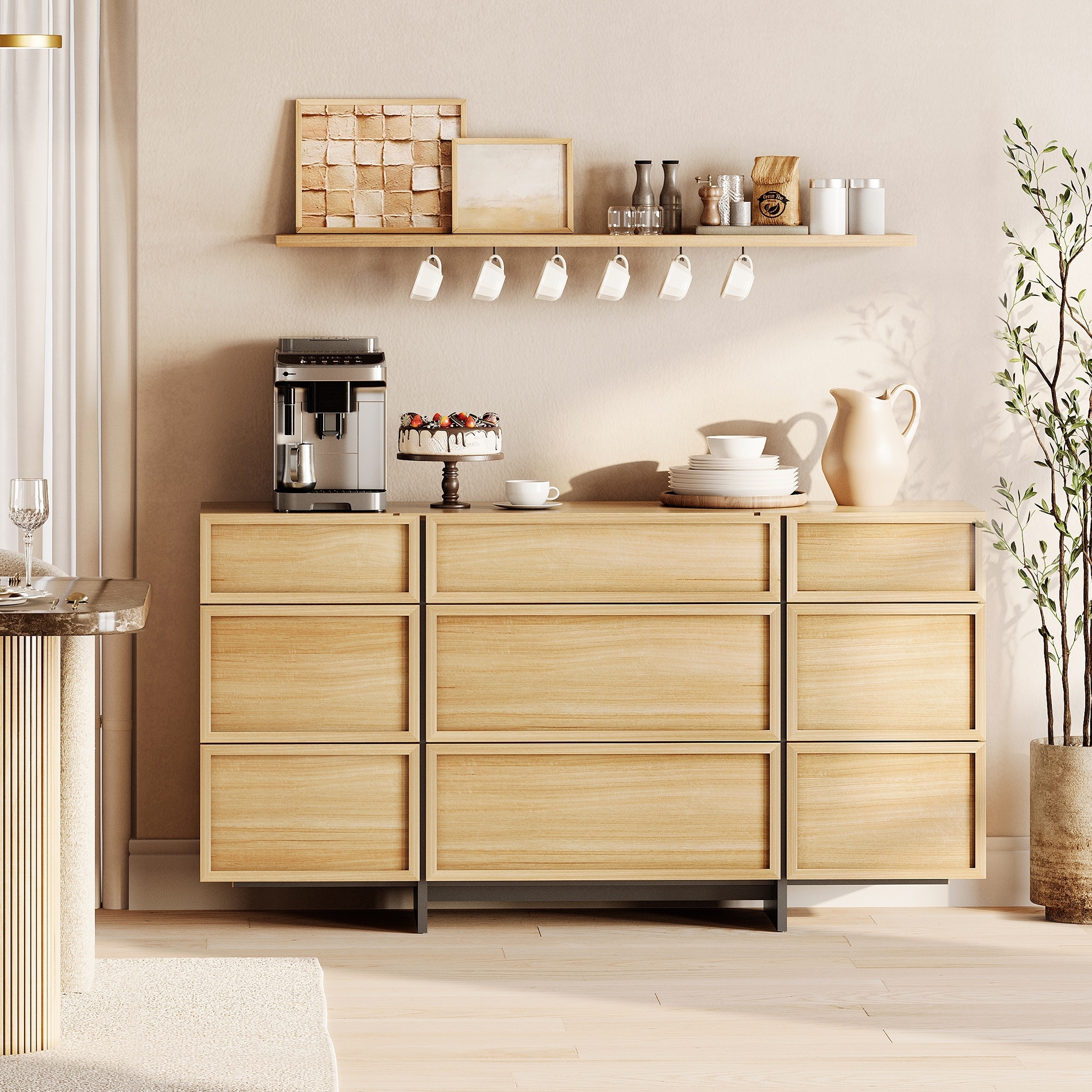 WAMPAT Modern Sideboard Buffet Cabinet with 9 Drawers, Multifunctional Sideboard with Large Storage and T-Shaped Legs