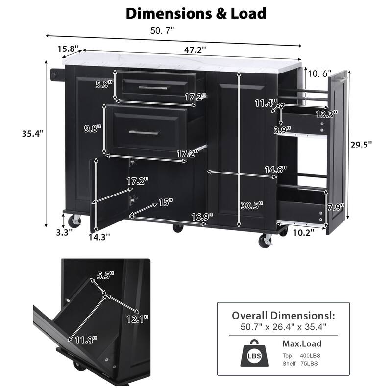 Retro Kitchen Island with Tilted Trash Can Cabinet, 2 Drawer Pull Out Cabinet Organizer and Folding Board, for Kitchen