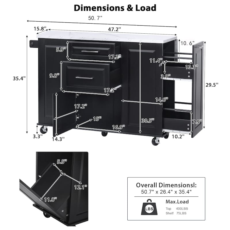 Vintage Rolling Kitchen Cart and Island with Drop Leaf, Tilt Trash Can Cabinet, 2 Drawers and 2-tier Pull-out Storage Organizer