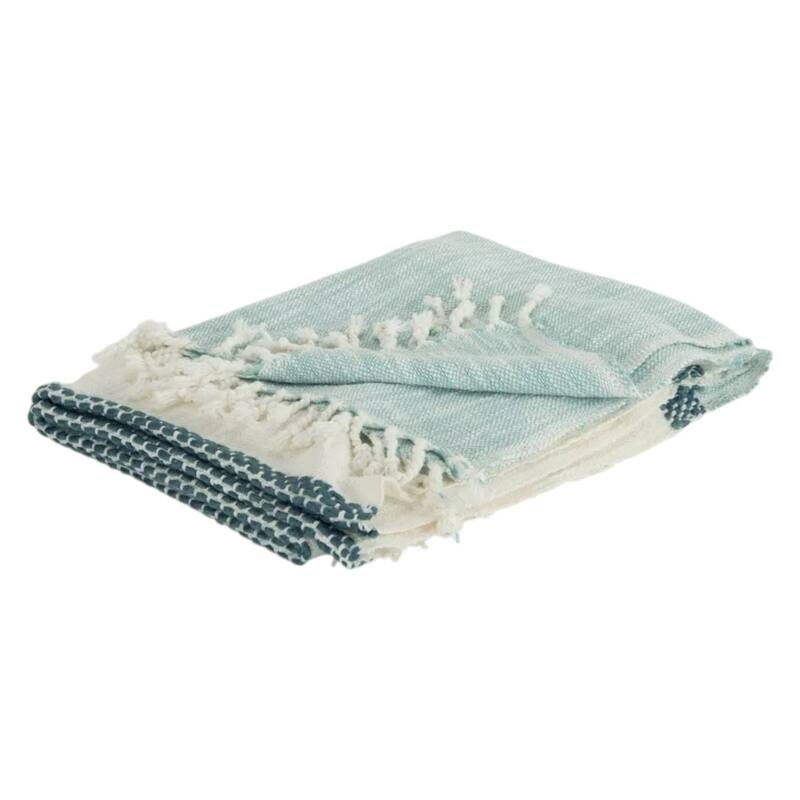 HomeRoots 50" X 60" Teal Blue And Ivory Color Block Cotton Throw Blanket with Fringe