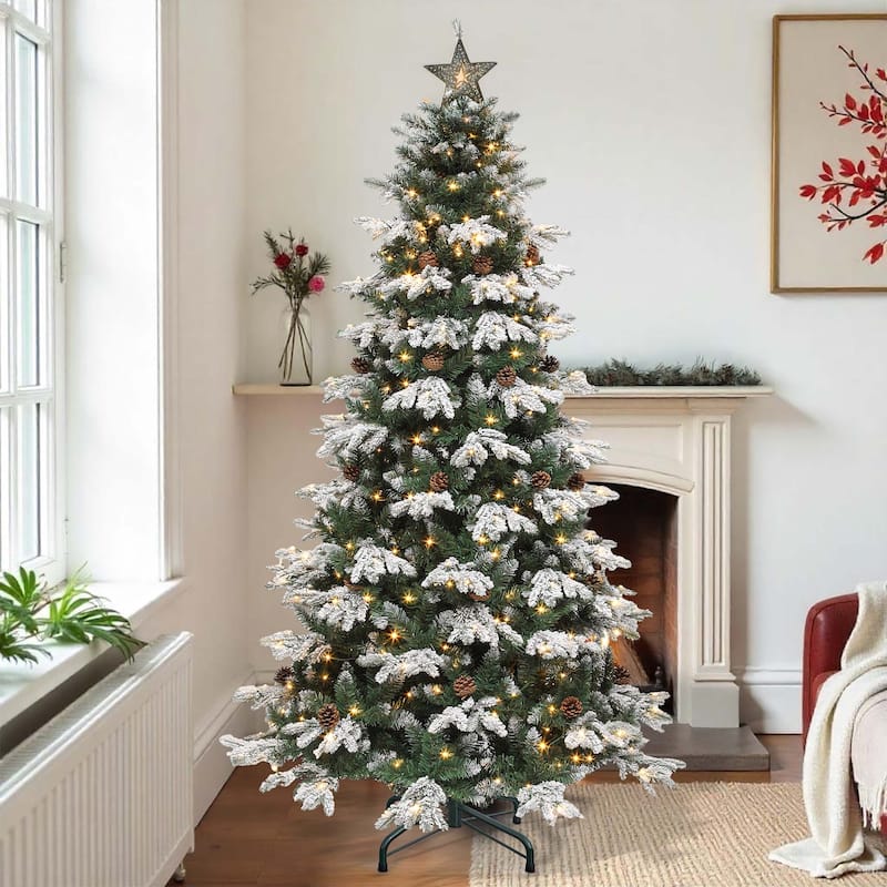 Moasis 7.5ft Prelit Flocked Tiered Christmas Tree with Remote, 1200 Tips, 36 Pine Cones, 11 Light Modes - 7.5 Foot