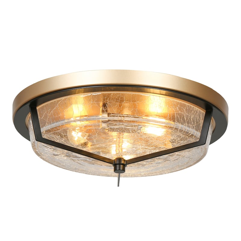Modern Farmhouse Flush Mount Light Textured Cracked Glass LED 3-light for Hallway - Black & Gold - D15" x H 5"