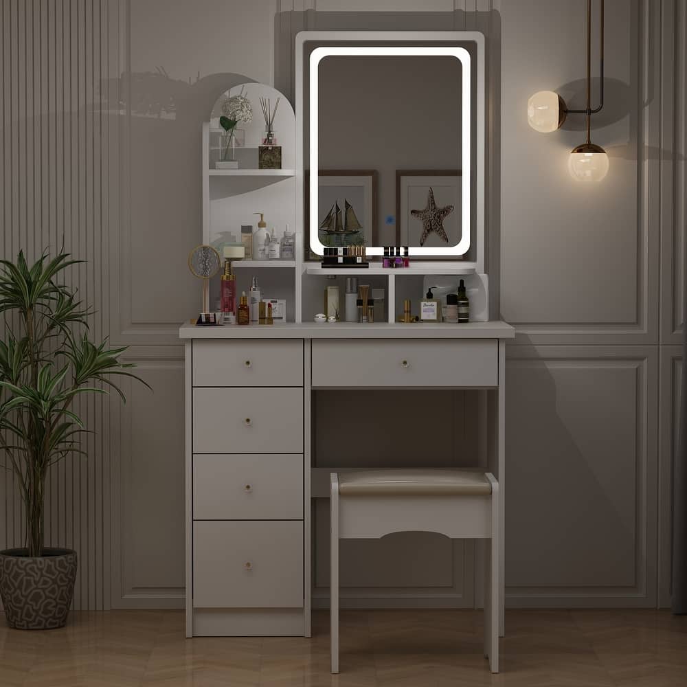 Vanity Desk with LED Lighted Mirror, Makeup Vanity Table with Drawers, Shelves and Stool