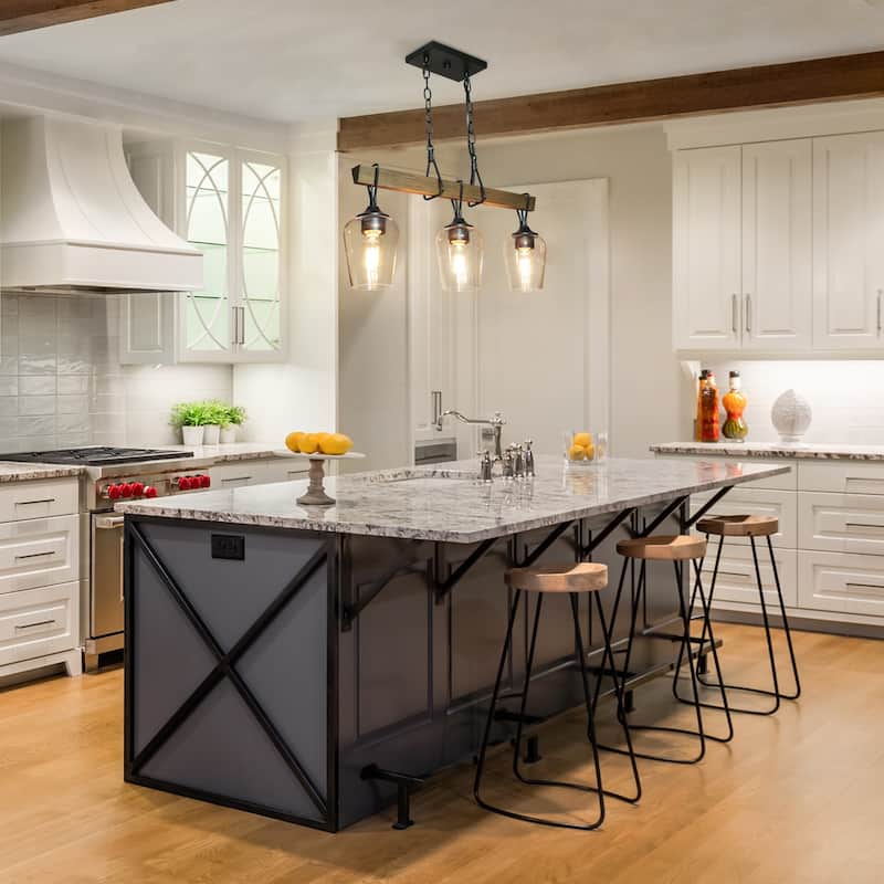 Zarbel Modern Farmhouse Glass Linear Chandelier Rustic 3-Light Black Metal Small Kitchen Island Lights