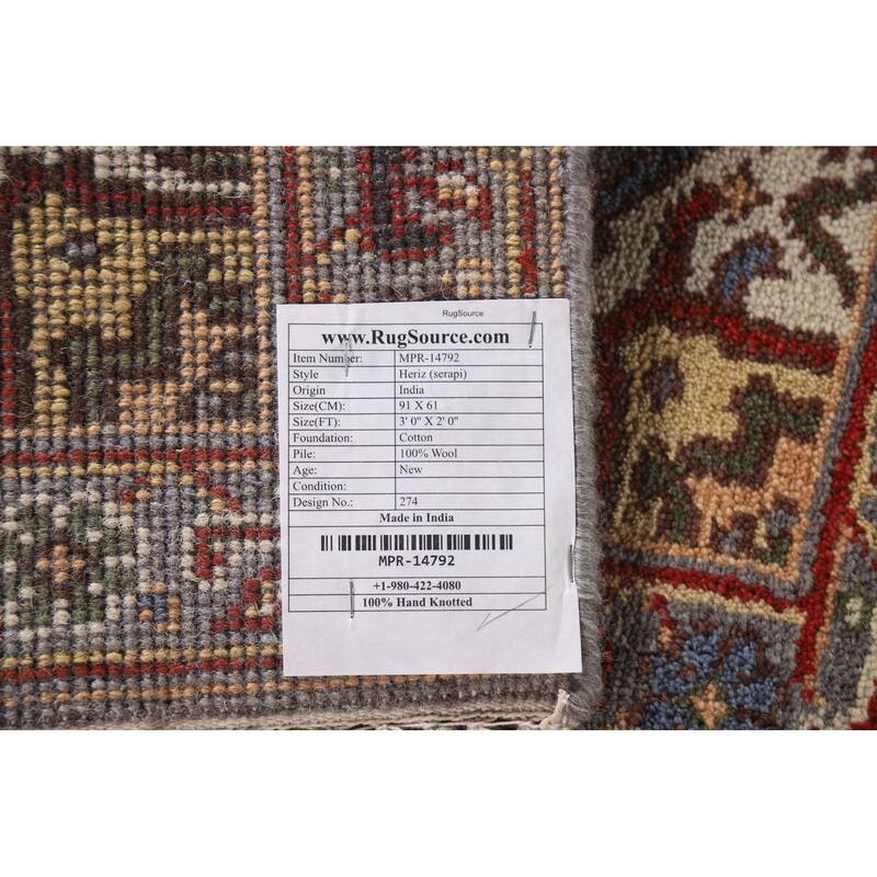 Gray Geometric Heriz Serapi Indian Rug Hand-Knotted Wool Carpet - 2'0"x 3'0"