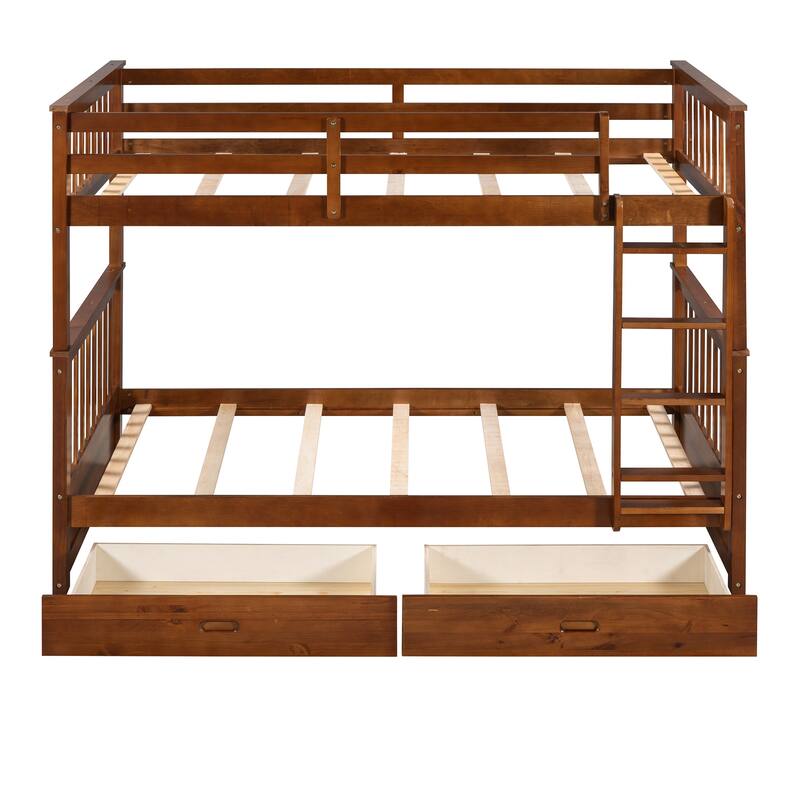 Twin-Over-Twin Bunk Bed with Ladders and Two Storage Drawers in Walnut Finish