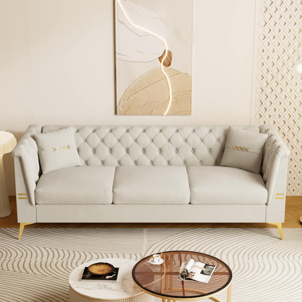 Roomfitters Modern Chesterfield Style Button Tufted Upholstered Sofa with Gold Legs, Elegant 3 Seater Couch