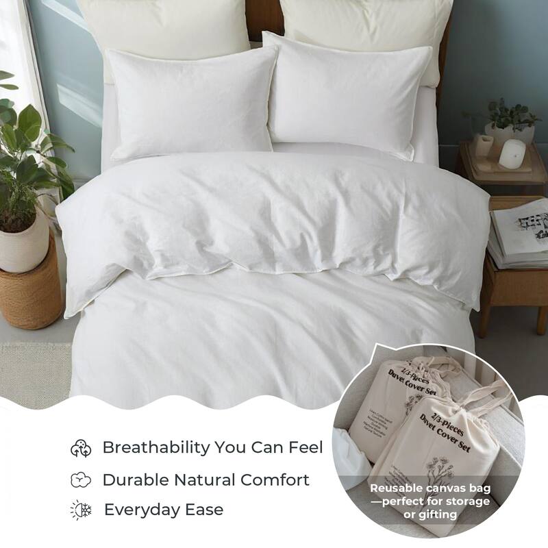 Flax Linen Cotton Blend Duvet Cover Set, Durable, Breathable and Moisture-Wicking, 3 Piece Bedding Set