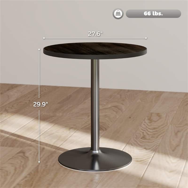 Modern Black Round Dining Table with Wood Grain Top and Metal Base Space-Saving Design for Kitchen - 27.6" Dia. x 29.9" H