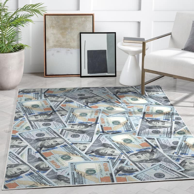 Well Woven Money Dollar Front Novelty Machine Washable Area Rug