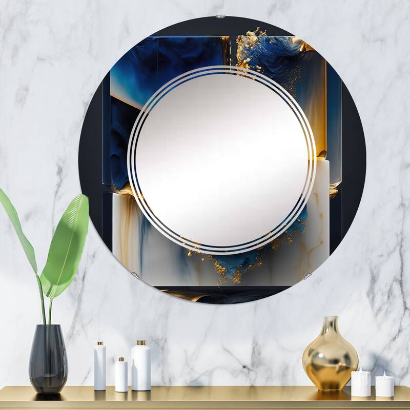 Designart 'Abstract Geode Gold And Blue Marble Shape II' Printed Modern Geometric Wall Mirror
