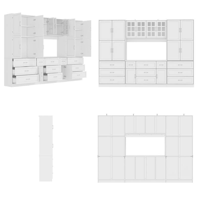 Multi-Functional White Kitchen Storage Cabinet with Drawers and Glass Doors, MDF & Metal Hardware