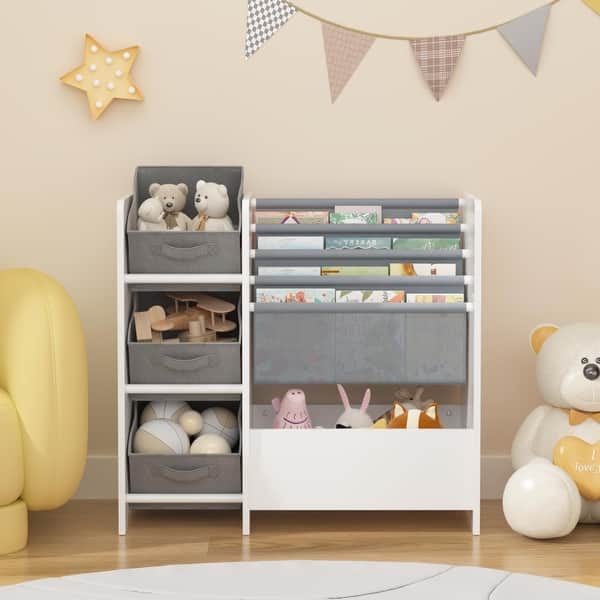 slide 2 of 16, Kids Bookshelf and Toy Storage Organizer White