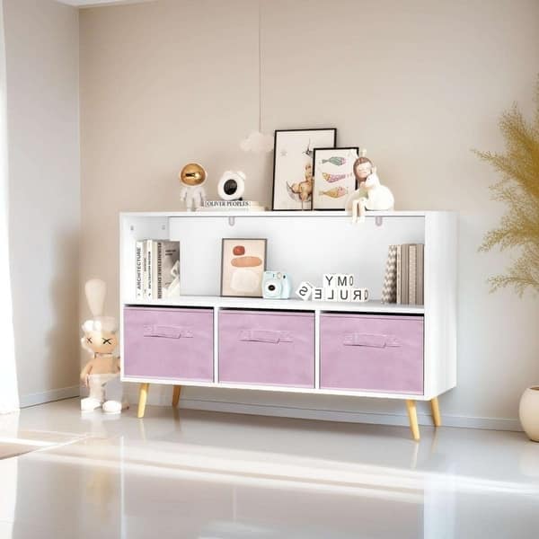 slide 2 of 9, Kids bookcase with Collapsible Fabric Drawers, Children's Book Display, Toy Storage Cabinet Organizer, White/Pink Pink