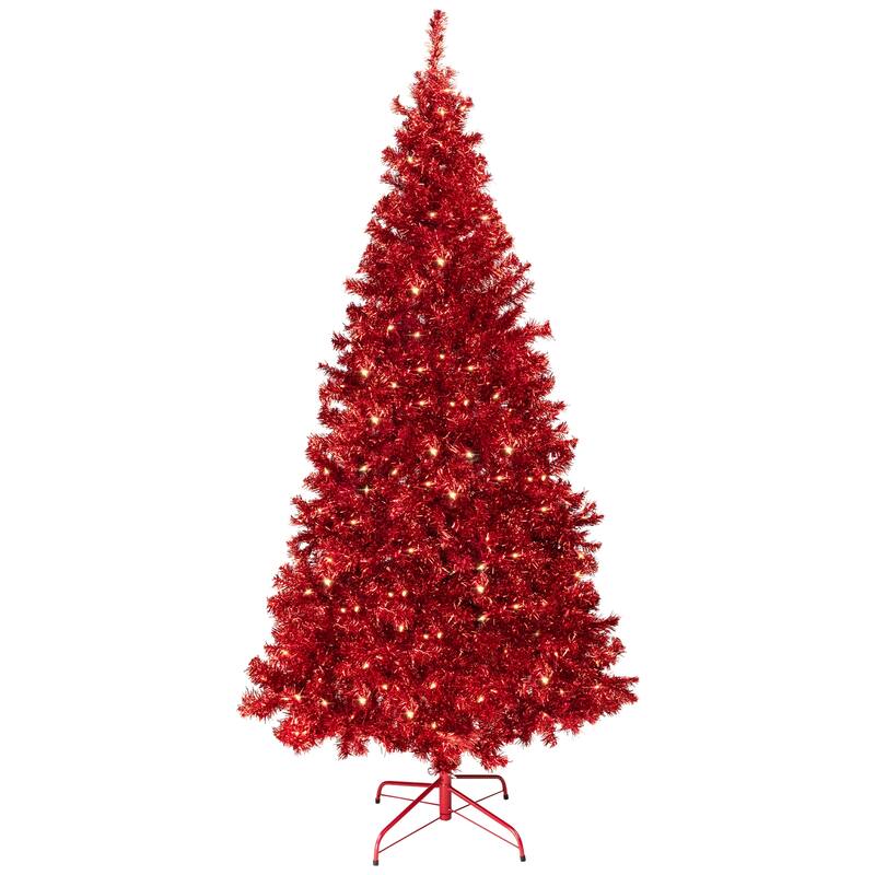 Pre-Lit Artificial Tinsel Christmas Tree - 9' - Red - Clear Lights - 9 Foot