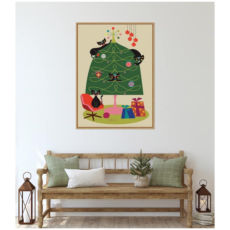 Kate and Laurel Sylvie Framed Canvas Retro Cats And Christmas Tree by Rachel Lee