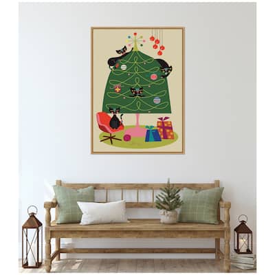 Kate and Laurel Sylvie Framed Canvas Retro Cats And Christmas Tree by Rachel Lee