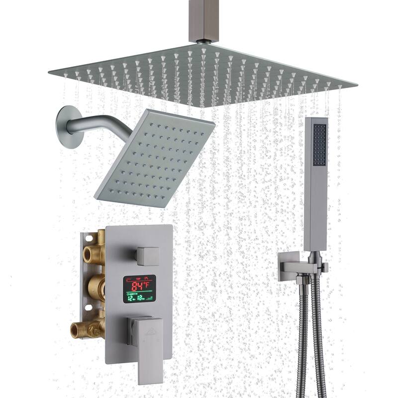 CASAINC Dual Heads 12 Inch Ceiling Mounted Square Shower Head Shower System with Handheld Shower Digital Display Shower