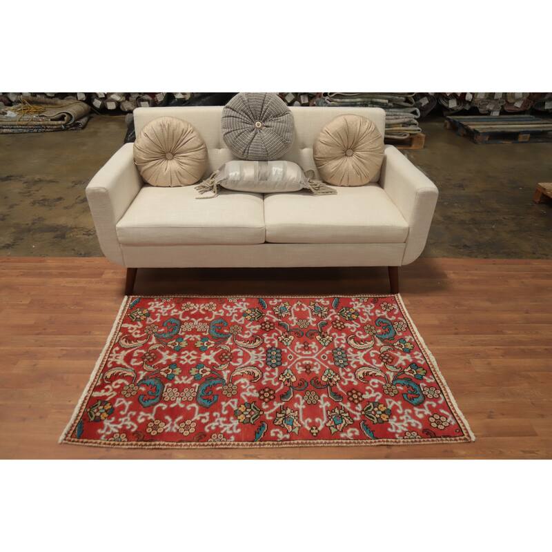 Hand Knotted Oriental 100% Wool Carpet Traditional Floral Red Tabriz Area Rug - 4' 9'' X 3' 1''