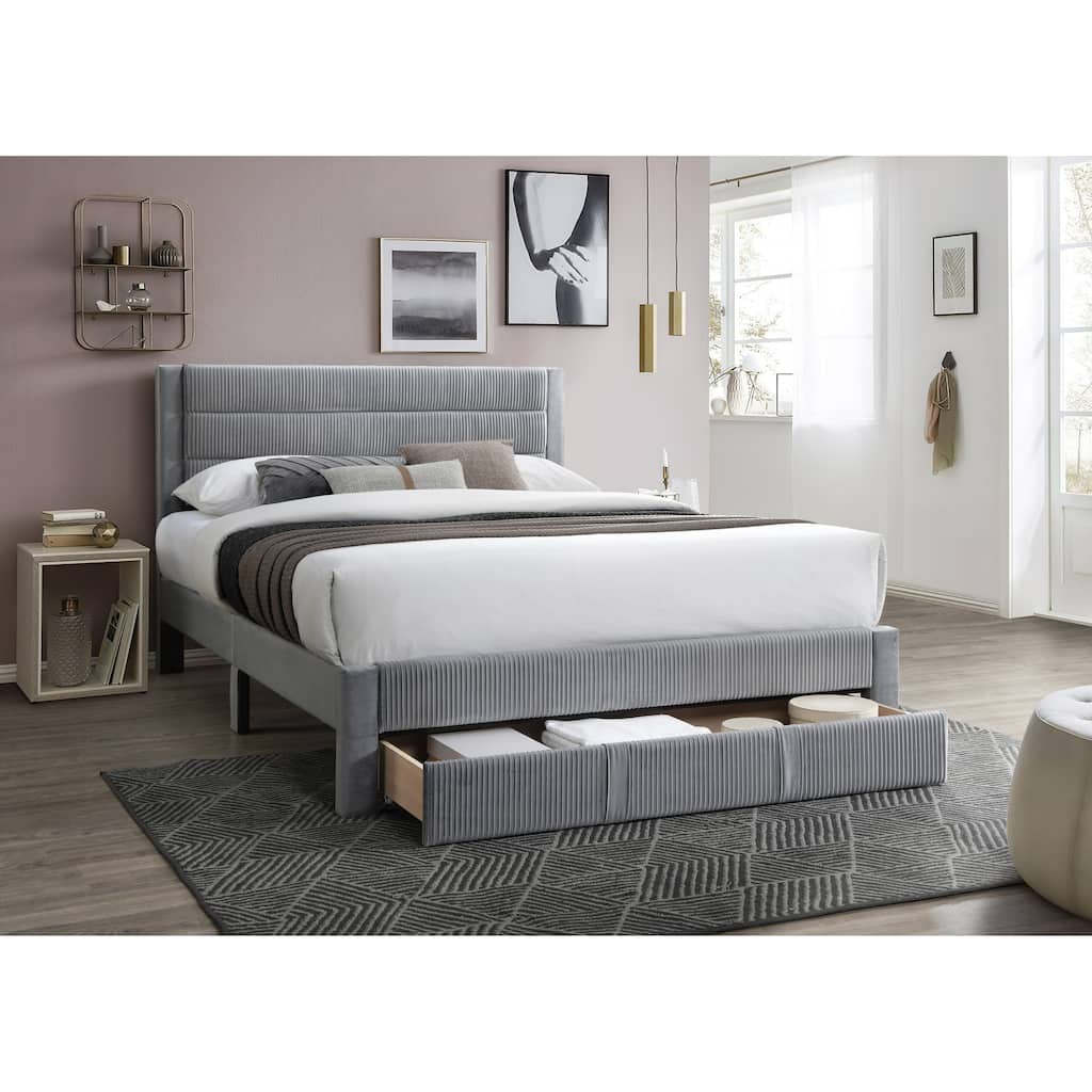 Queen Size Platform Bed with Gray Corduroy Headboard and Underbed Storage Drawer